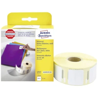 Image of AVERY Zweckform 1000 Labels 25 x mm Compatible with Dymo LabelWriter Equivalent to S0929120 Permanent Adhesive White Ref AS0929120 [1 Roll]