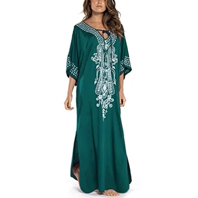 Image of YouKD Cotton Kaftan Embroidered Floral Dress Bohemian Beach Bikini Cover Up Robe Plus Size Nightgown for Women