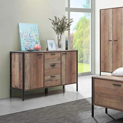 Image of Timber Art Design UK 2 Door 3 Drawer Sideboard For Living Room, Bedroom Industrial Storage Cabinet Shelving Rustic with Oak Effect 80 x 123.8 40 cm