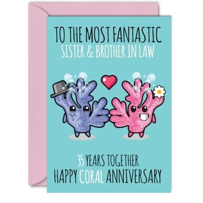 Image of Cute Coral Anniversary Card for Sister &amp; Brother In Law 35 Years Together Happy 35th Wedding Cards Sister, A5 Greeting Anniversaries