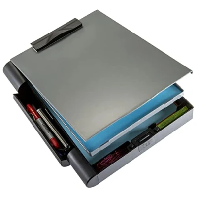 Image of Officemate Recycled Plastic Forms Holder (A4 Size) Compact Document &amp; Paper Storage Box File with Clip Board, Separate Pen, Magnetic Compartment, Great for Office, Hospitals, Job Site Gray/Black