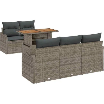 Image of vidaXL 6 Piece Garden Sofa Set with Cushions Grey Poly Rattan Acacia