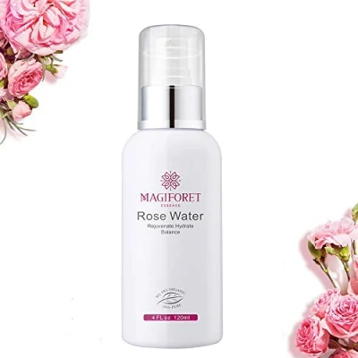 Image of Rose Water Spray 4 oz, MagiForet Toner Spray, 100% Organic Distilled Hydrosol Therapeutic Grade for Face Hair Acne Rosewater Facial Alcohol Free with Mask