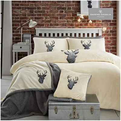 Image of Gaveno Cavailia Teddy Fleece Stag Head Duvet Set Double Natural/Grey, Super Soft Fluffy Warm Cosy Bedding, 3 Piece Bedset, Easy Care DuvetCover Bedlinen, 1 Quilt Cover and 2 Pillow Cases