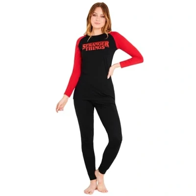Image of Stranger Things Womens Pyjamas Set Nightwear Long Sleeve &amp; Bottoms PJs Lounge Women Teenagers S XL Gifts for (Black/Red, XL)