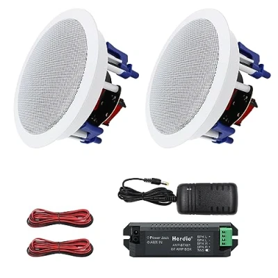Image of Herdio 5.25 Inches 300 Watts Round Bluetooth Ceiling Speakers 2 Way Flush Mount Sound Bathroom Speaker For Bedroom Home Living Room