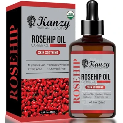 Image of Kanzy Rosehip Oil for Face 50ml Organic Cold Pressed Rose Hip 100% Pure Vegan Cruelty Free Skin, Hair, Nails, and Body Nourishment, Dryness, Fine lines Scars
