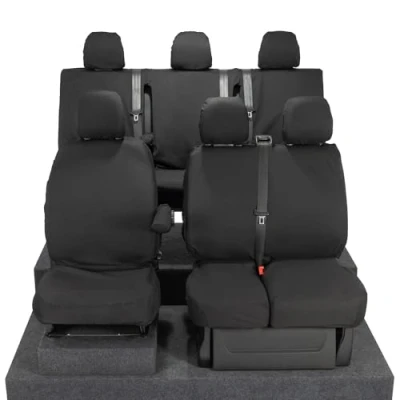 Image of UK Custom Covers To Fit Nissan Primastar Tekna Crew Cab (2022 Onwards) Front &amp; Rear Seat Tailored Black SC188B 189BAD28