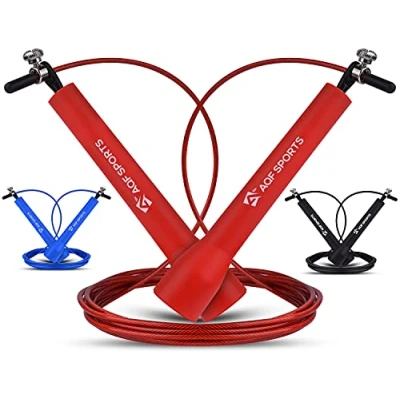 Image of AQF Speed Skipping Rope for Fitness with Non Slip Plastic Handles &amp; Tangle Free Steel Wire Jump Adjustable 3 meter length Crossfit Training (Red)