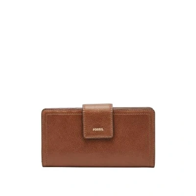 Image of Fossil Women&#039;s Logan Leather RFID Blocking Tab Clutch Wallet for Women, Brown, One Size
