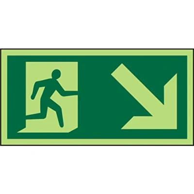 Image of Seco Fire Exit Man Running Right &amp; Arrow Pointing Down Pictogram Sign, 200mm x 100mm Photoluminescent Self Adhesive Vinyl