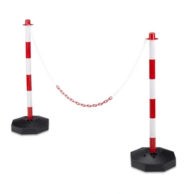 Image of Relaxdays 2 Parking Barriers, Size: 82 x 56 28 cm Chain Barrier made of Plastic w/ Practical Chains to Save Spaces Sturdy Base Fill Water or Sand, Red / White