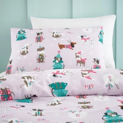 Image of Happy Linen Company Girls Boys Kids Santa Paws Christmas Dogs Lilac Standard Extra Pair Of Pillow Cases