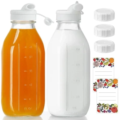 Image of Absovetu 2 Pack Glass Juice Bottles with Airtight Screw Lids 1000ml/33.8oz Reusable Milk Storage Pour Spout Square Water Bottle for Ice Tea Smoothie Fridge