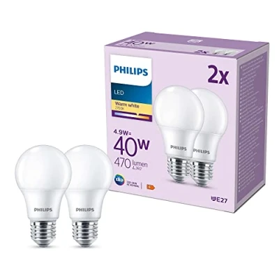 Image of PHILIPS LED Frosted A60 Light Bulb 2 Pack [Warm White 2700K E27 Edison Screw] 40W, Non Dimmable. for Home Indoor Lighting