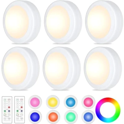 Image of WUYOR Wireless Under Cabinet Lights with Remote 6 Pack 16 LED Colour Changing Touch Control, Battery Operated, Kitchen Adjustable Brightness, Counter Push