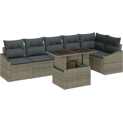 Image of vidaXL 7 Piece Garden Sofa Set with Cushions Grey Poly Rattan
