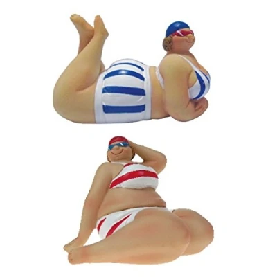 Image of Big &amp; Beautiful Pair of Fat Beach Lady Reclining Swimmers Bathroom Ornaments Humorous Bathers Couple Figurines 8cm