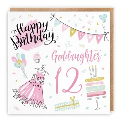 Image of Hunts England Goddaughter 12th Birthday Card Happy 12 Party Collection Fun, Pink Dress, Cake Pretty