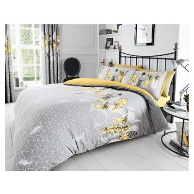 Image of FAIRWAYUK Yellow and Grey Duvet Cover Set King, Reversible Quilt Bedding With Pillowcase, Ultra Soft, Easy Care