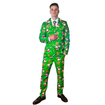Image of SoWest Christmas Suits, Santa, Reindeer, Star Funny Patterned Fancy Dress Costume 3 Piece BUTTON UP LINED JACKET, MATCHING TROUSERS WITH POCKETS, AND A NECK TIE. (Santa Suit, 2XL)