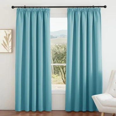 Image of PONY DANCE Thermal Blackout Curtains 90 Drop Window for Living Room with Hooks Track Rail Extra Long Pencil Pleat Grey Lounge Curtains, 2 Panels, W66 X L90, Light Blue
