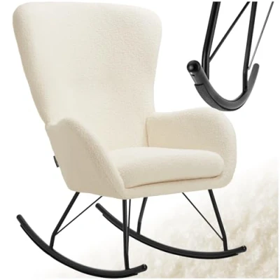 Image of TecTake® Rocking Chair with Bouclé Cover &amp; Soft Seat Cushion, Comfy Armchair Thick Padding, High Backrest Sturdy Steel Frame, Ideal as Living Room, Nursing Bedroom Cream/Black