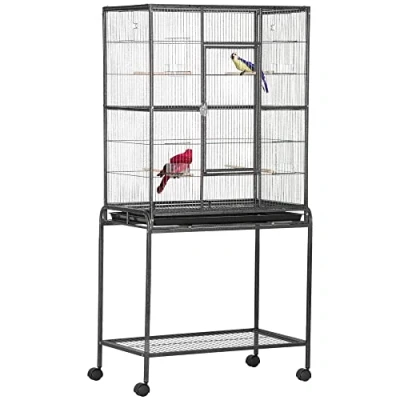 Image of PawHut Rolling Bird Cage W/Detachable Stand, Storage Shelf, Wood Perch, Food Container