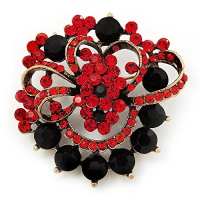 Image of Avalaya Bright Red &amp; Jet Black Diamante Corsage Brooch (Antique Gold Tone)