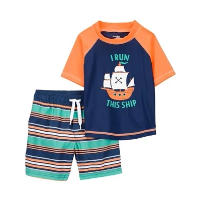 Image of Simple Joys by Carter&#039;s Toddler Boys&#039; Swimsuit Trunk and Rashguard Set, Navy Orange Ships/White Stripes, 5 Years
