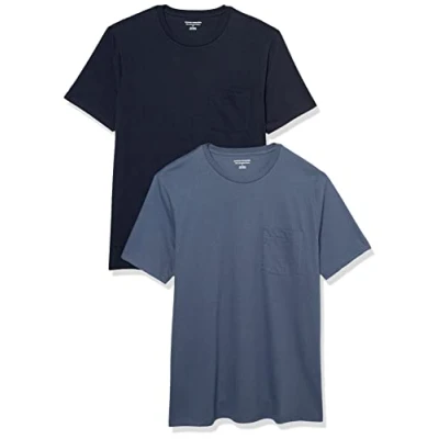 Image of Amazon Essentials Men&#039;s T Shirt Slim Fit Short Sleeved Crewneck Pocket, Pack of 2, Dark Blue/Navy, XS