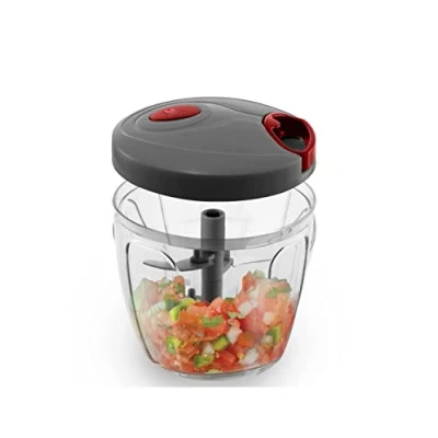 Image of AARNAV Grey Manual Pull String Chopper Handy with 6 Blades for Chopping Vegetables, Fruits, Onions, Garlic, Meat Curved Stainless Steel Removable Blades, Hand Food Processor 900ml