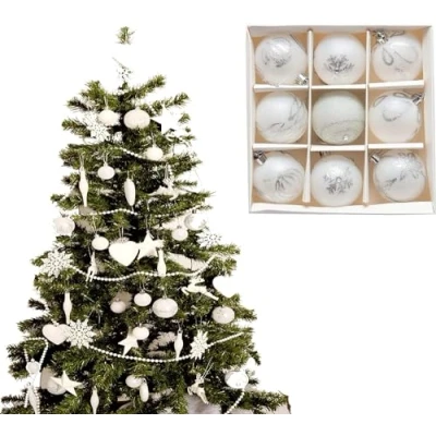 Image of UKDD® Set of 9 Premium Baubles Luxury Christmas Tree Bauble Decorations Matte, Glitter, shiny (White)