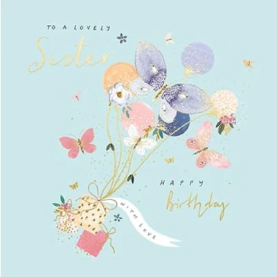 Image of Paperlink Special Sister Birthday Card Presents, Balloons and Butterflies with Gold Foil Finish, 155 x mm