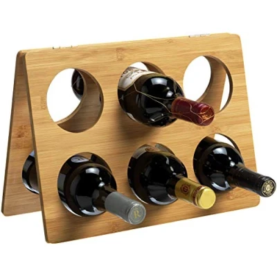 Image of RTA Bamboo Wine Rack for 6 Bottles, Foldable Bottle Storage Kitchen Countertop or Sideboard