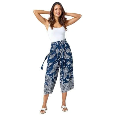 Image of Roman Originals Culotte Trousers for Women UK Ladies Wide Leg Cropped Pants Tie Detail Bottoms Vintage Retro Smart Flared Slimming High Waist 1940s Party Regular Navy &amp; White Size 18
