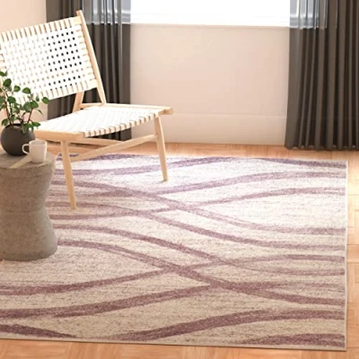 Image of SAFAVIEH Modern Wave Distressed Rug for Living Room, Dining Bedroom Adirondack Collection, Short Pile, in Cream and Purple, 91 X 152 cm