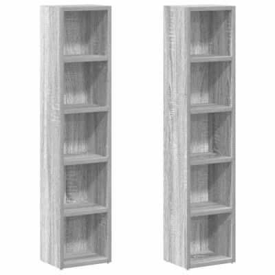 Image of vidaXL 2x CD Cabinets, Grey Sonoma Engineered Wood Modern Style Storage Units with 5 Compartments for CD/DVD/Blu ray Suitable Living Room, Bedroom, and Office