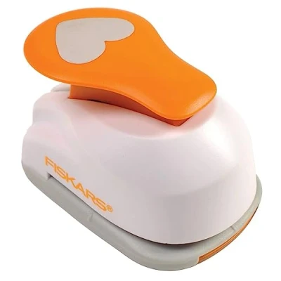 Image of Fiskars Motive Lever Punch, Heart, Diameter 1.9 cm, for Left And Right Handers, Steel/Plastic, White/Orange, S, 1004644