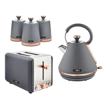 Image of Tower Cavaletto Grey &amp; Rose Gold 3KW 1.7L Pyramid Kettle, 2 Slice 850W Toaster Set of 3 Tea, Coffee, Sugar Canisters. Matching Kitchen 5 Items in