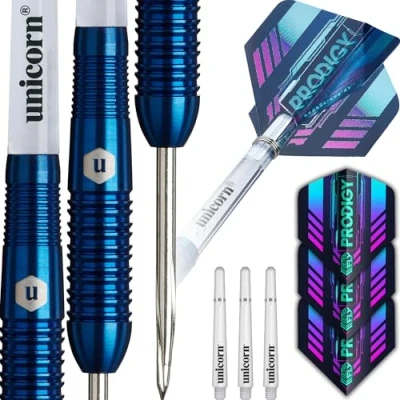 Image of Unicorn Darts Set U Tech Prodigy Style 2 95% Tungsten Barrels with Navy Blue Titanium PVD Coating &amp; Intricately Machined Grip Rings Durable Ultrafly Flights Steel Tip Volute Points 23 g