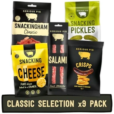 Image of Serious Pig Classic Selection Gift Box with Cheese Crisps, Salami Snacks, Pickles &amp; More Gourmet Hamper