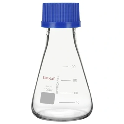 Image of stonylab Erlenmeyer Flask with Blue Screw Cap Graduated Lab Borosilicate Glass Conical Flask, 100 ml