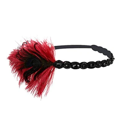 Image of MMOOVV 1920s Flapper Headpiece Feather Headband Great Gatsby 1920s… (Wine Red)