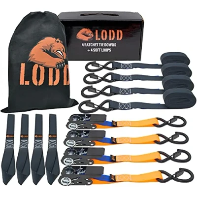 Image of LODD 4 ratchet straps m x 25 mm, resistance 800kg. Secure and plastic coated hooks soft loops. EN12195 2. Ideal for securing transporting motorcycles, trailers, quads, bikes