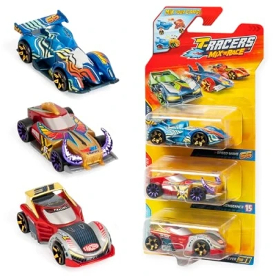 Image of T Racers Mix &#039;N RACE 3 Pack of toy collectible cars. Each car can be split in two with interchangeable parts and wheels. 10 12