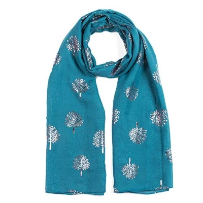 Image of London Scarfs Glitter Mulberry Trees Scarf Women Foil Printed Tree Fashion Ladies Wrap (Teal Blue)