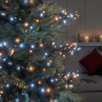 Image of Festive Lights 5.17m Christmas Fairy String 200 Clear White &amp; Warm Flickering LEDs Battery Operated Indoor/Outdoor Decoration Perfect for Holiday Lighting and Displays