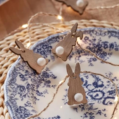 Image of Lights4fun 20 Wooden Bunny Micro Warm White LED Fairy String Lights Garland Battery Operated Easter Decoration Indoor Use with Timer