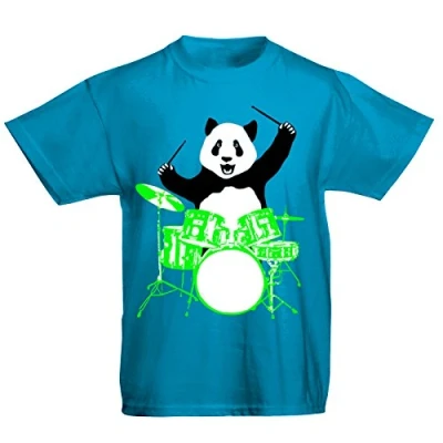Image of Youth Kids Childrens Panda Bear Playing Drums T Shirt Sapphire Blue 5 6 Years (S)